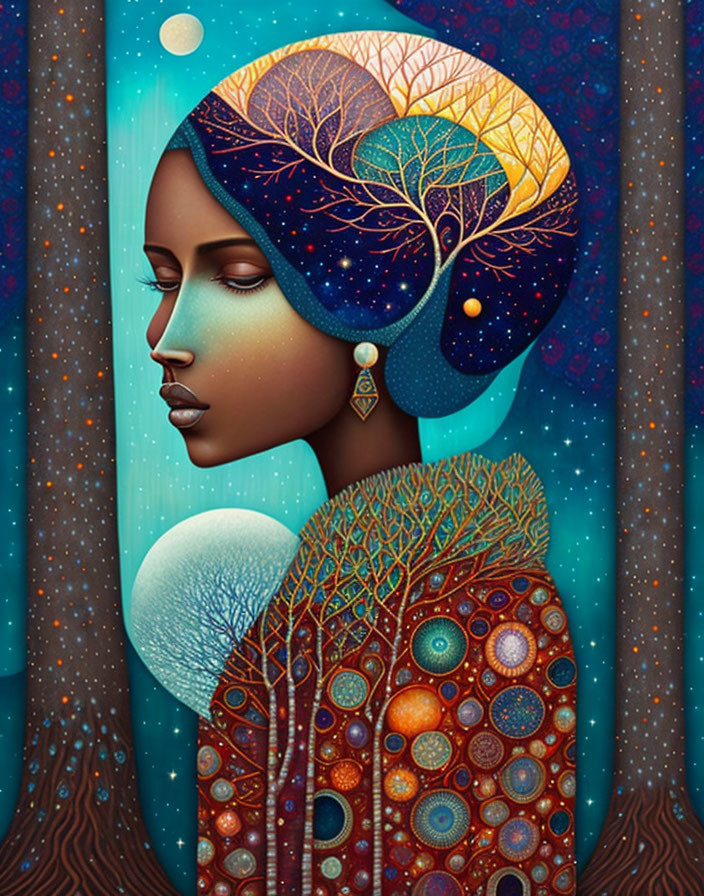 Woman with Tree Hair in Starry Background: Nature and Cosmos Theme