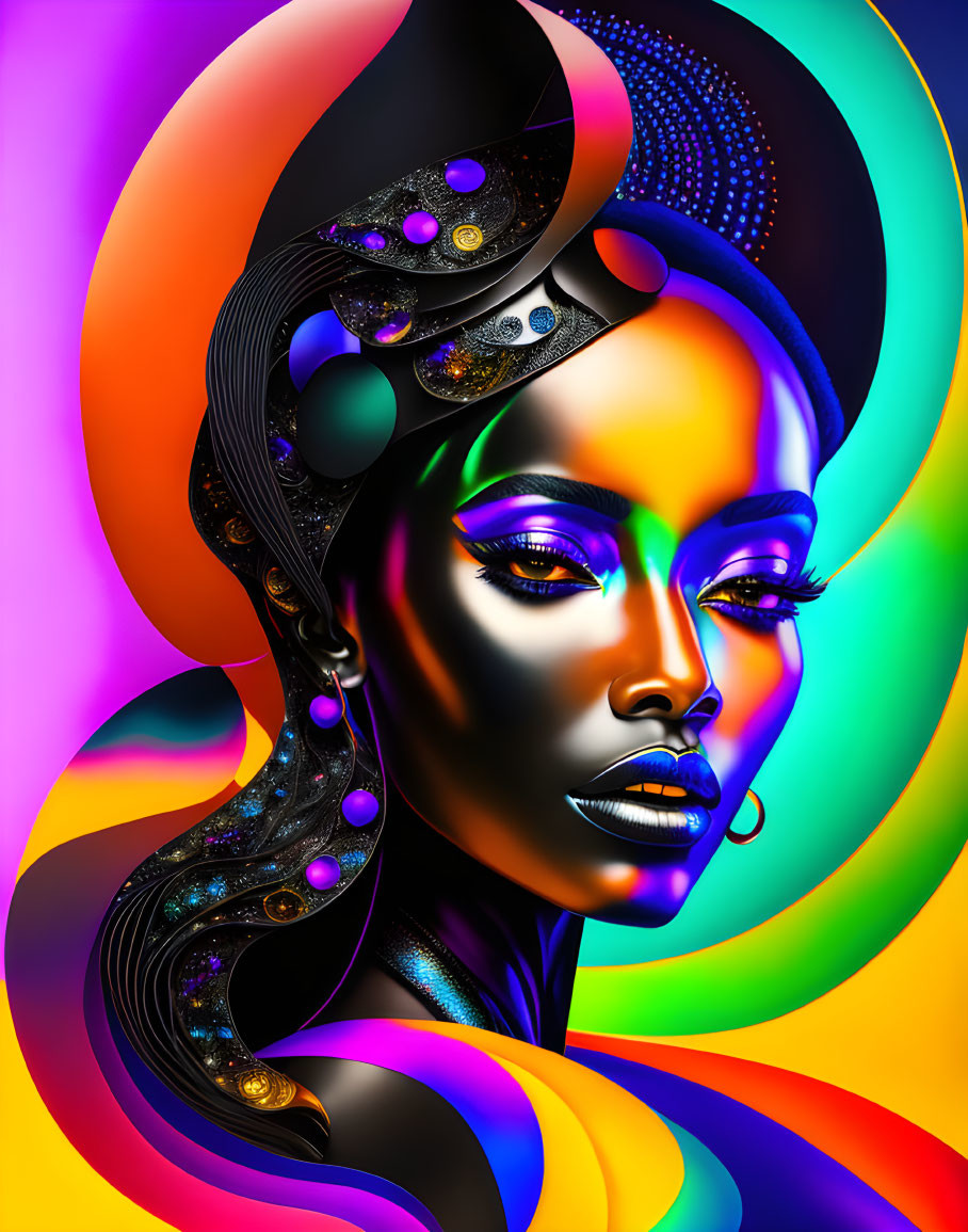 Colorful digital artwork: Stylized metallic woman in cosmic floral setting