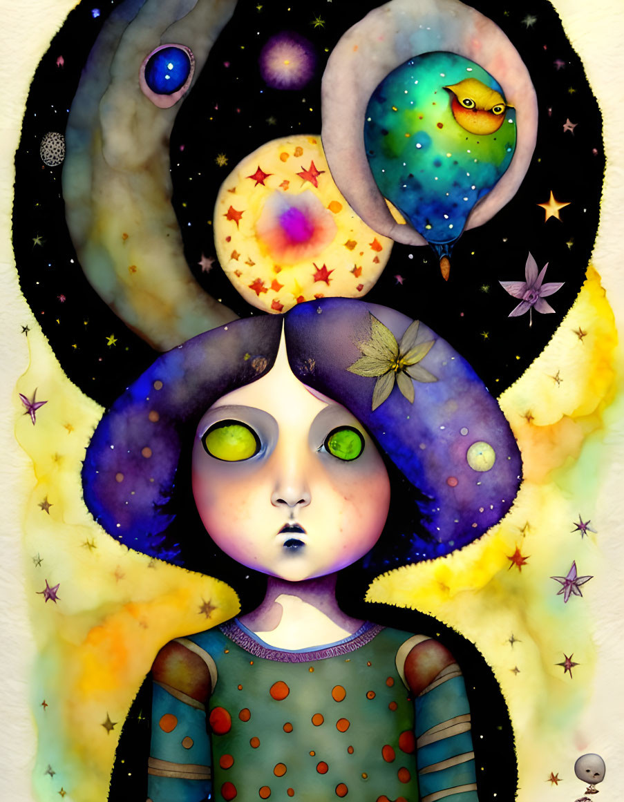 Whimsical girl with galaxy hair and celestial theme illustration