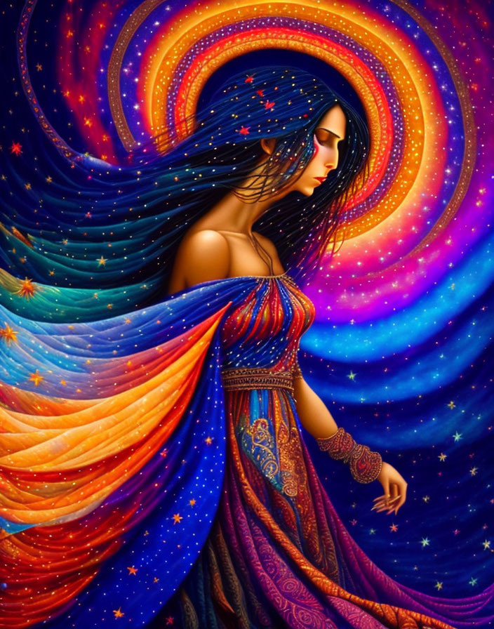 Colorful Dress Woman with Flowing Hair in Cosmic Background