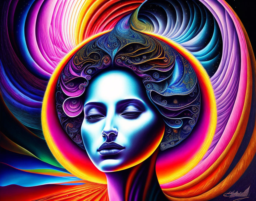 Colorful Psychedelic Portrait of a Woman with Swirling Patterns