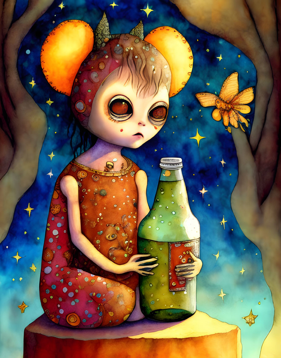 Whimsical creature with large eyes and mouse-like ears holding a bottle among stars and a butterfly