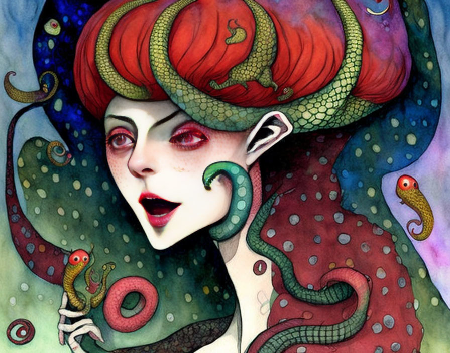 Illustrated woman with octopus-inspired red hair and tentacles, holding one with a small octopus