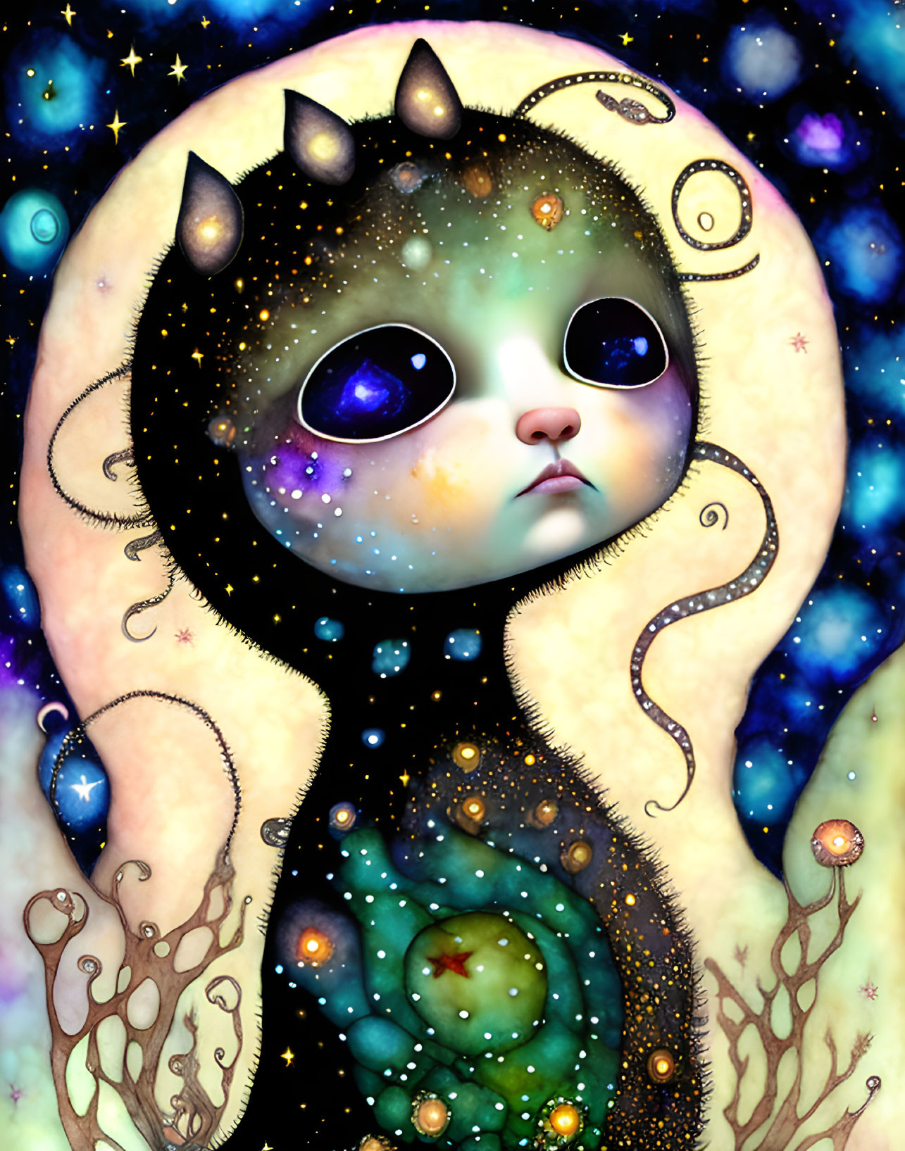 Whimsical cat-like creature with galaxy-patterned eyes and cosmic background.