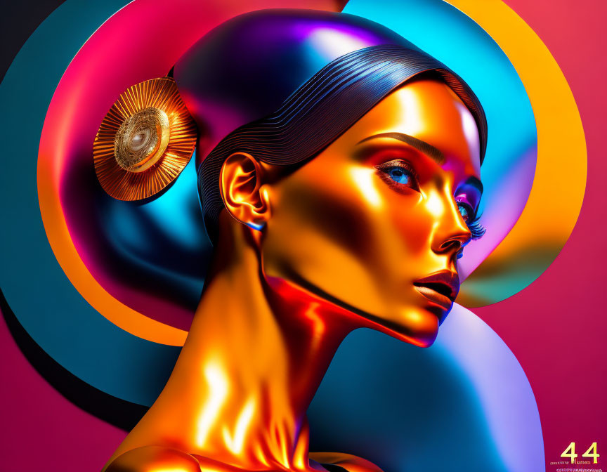 Colorful digital artwork: Woman with metallic skin tones and abstract shapes background.