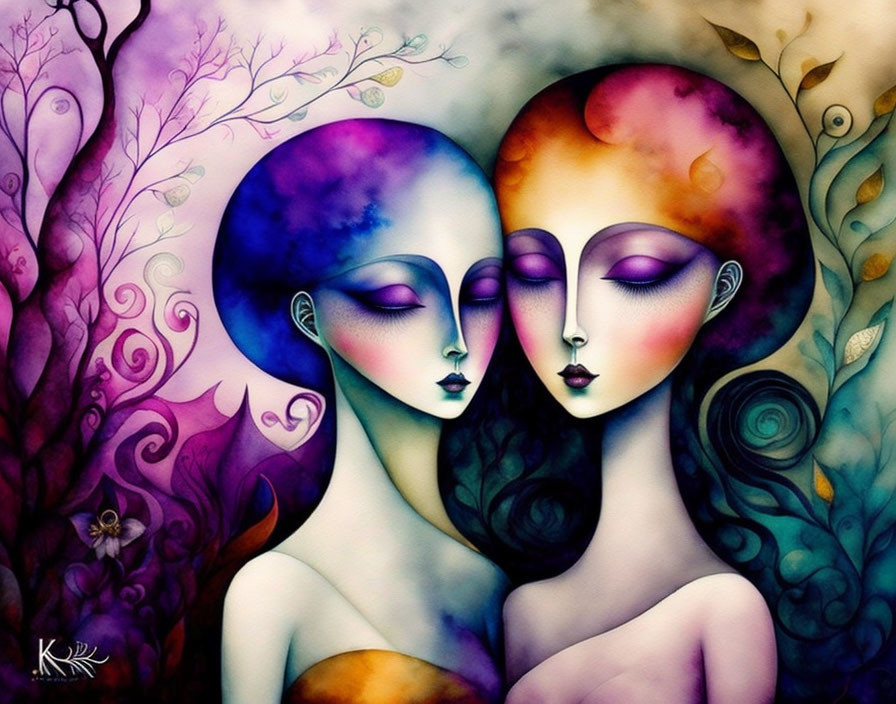 Stylized female figures with colorful hair touching heads on whimsical background