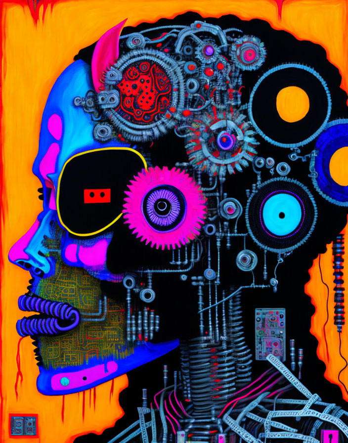 Colorful humanoid profile with mechanical elements on orange backdrop