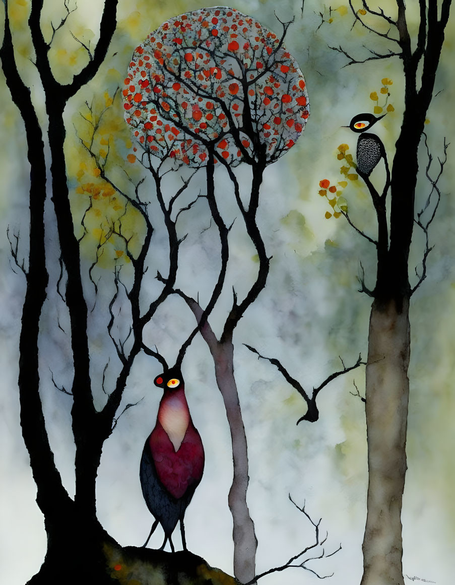 Whimsical forest watercolor with stylized birds and red foliage