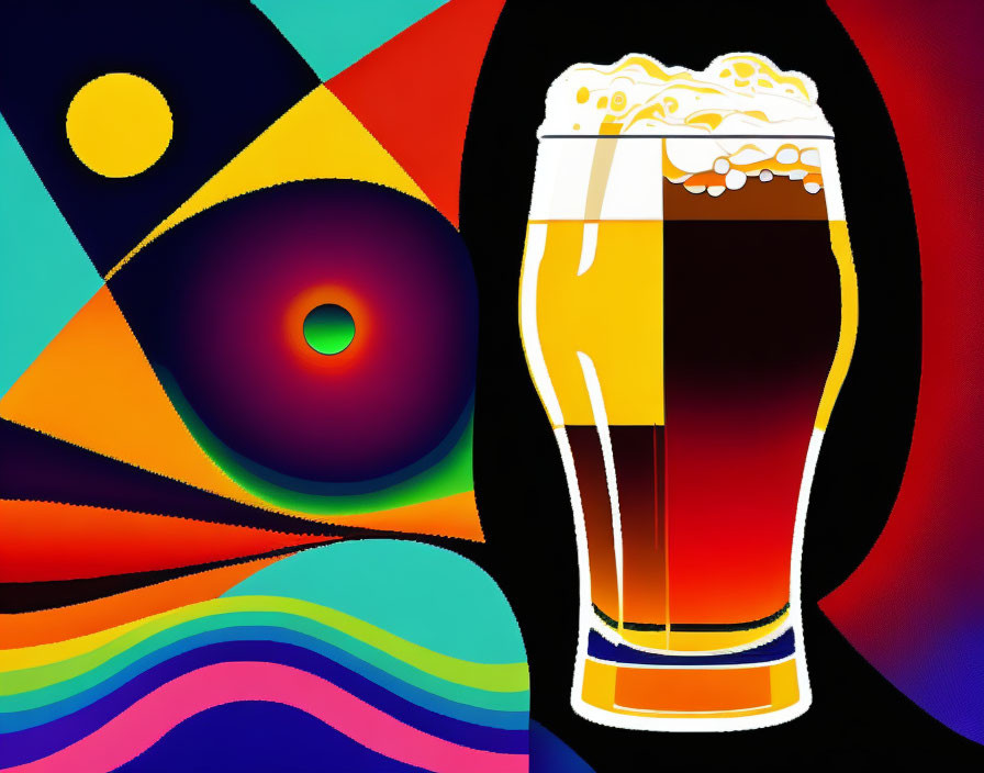 Colorful Abstract Background with Glass of Beer and Foam