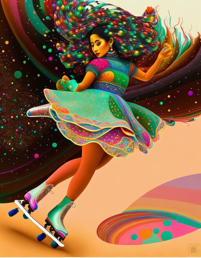 Colorful cosmic illustration of woman skating with planet on skateboard