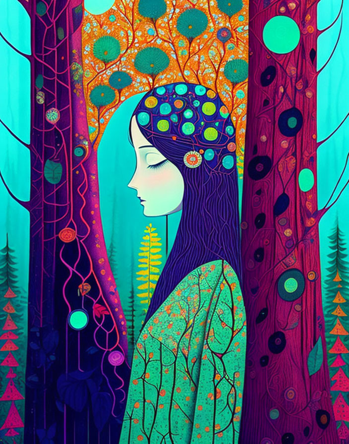 Illustration of Woman Blended with Vibrant Forest Scene