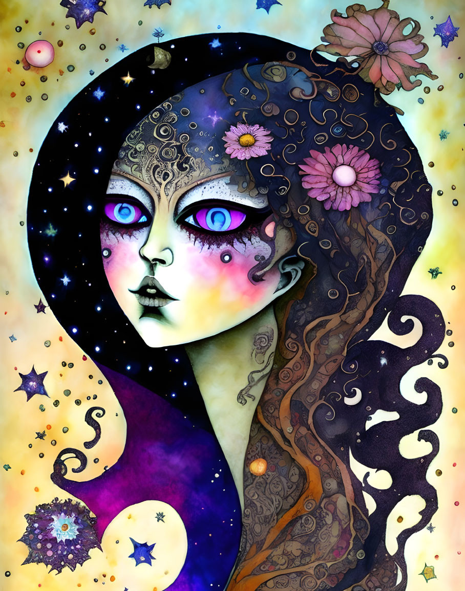 Cosmic-themed female figure with stars and floral patterns