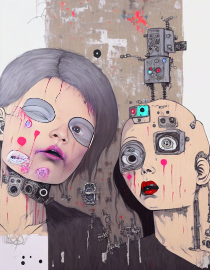 Surreal humanoid figures with robotic elements in pink and black paint mix