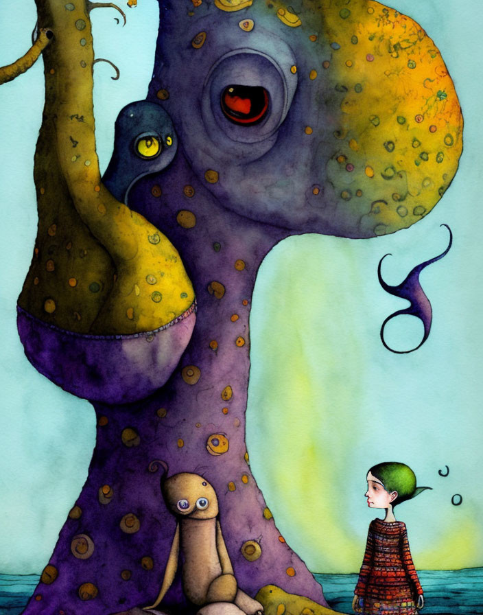 Colorful watercolor painting of person with purple creature and tentacles