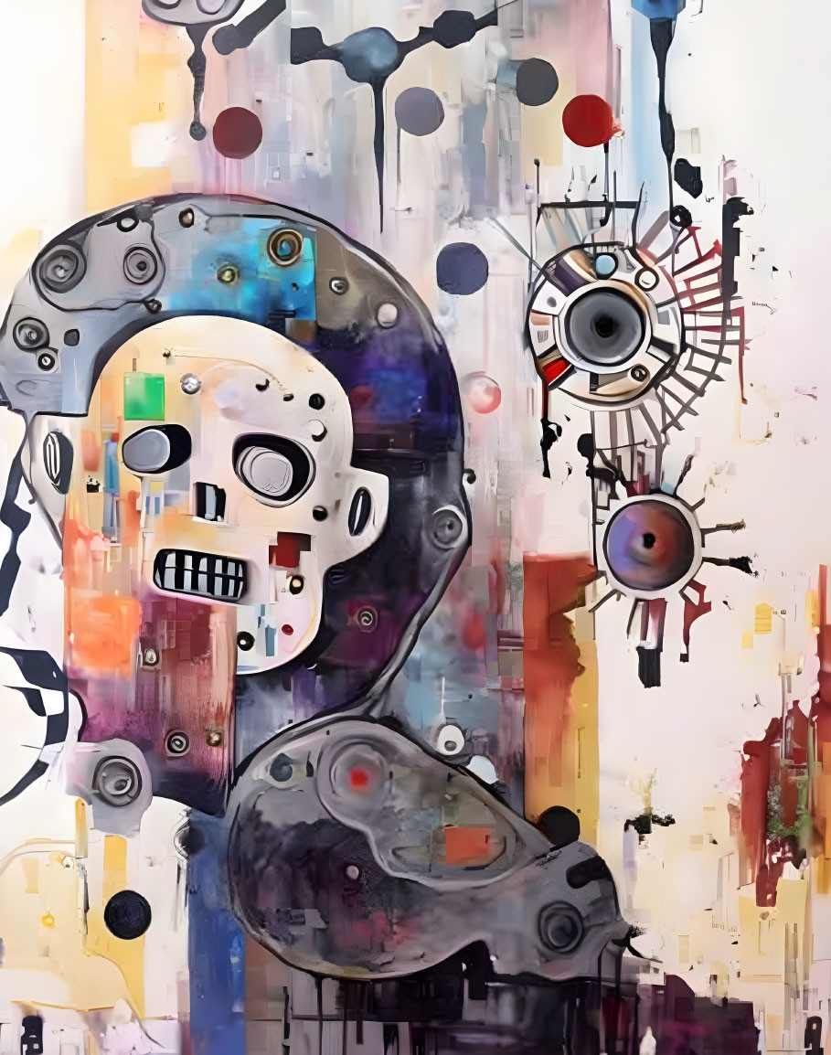 Abstract Painting with Swirling Shapes and Mechanical Eye-Like Gears