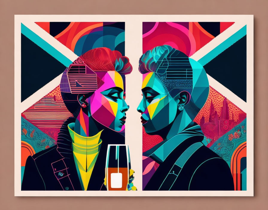 Colorful Stylized Profiles of Man and Woman with Geometric Patterns