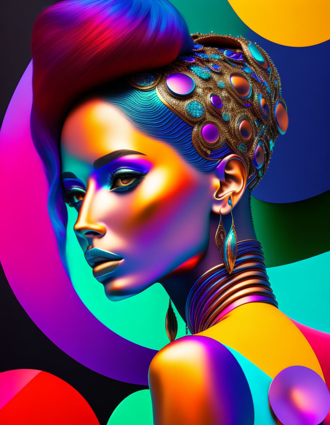 Vibrant portrait of woman with artistic makeup and unique jewelry