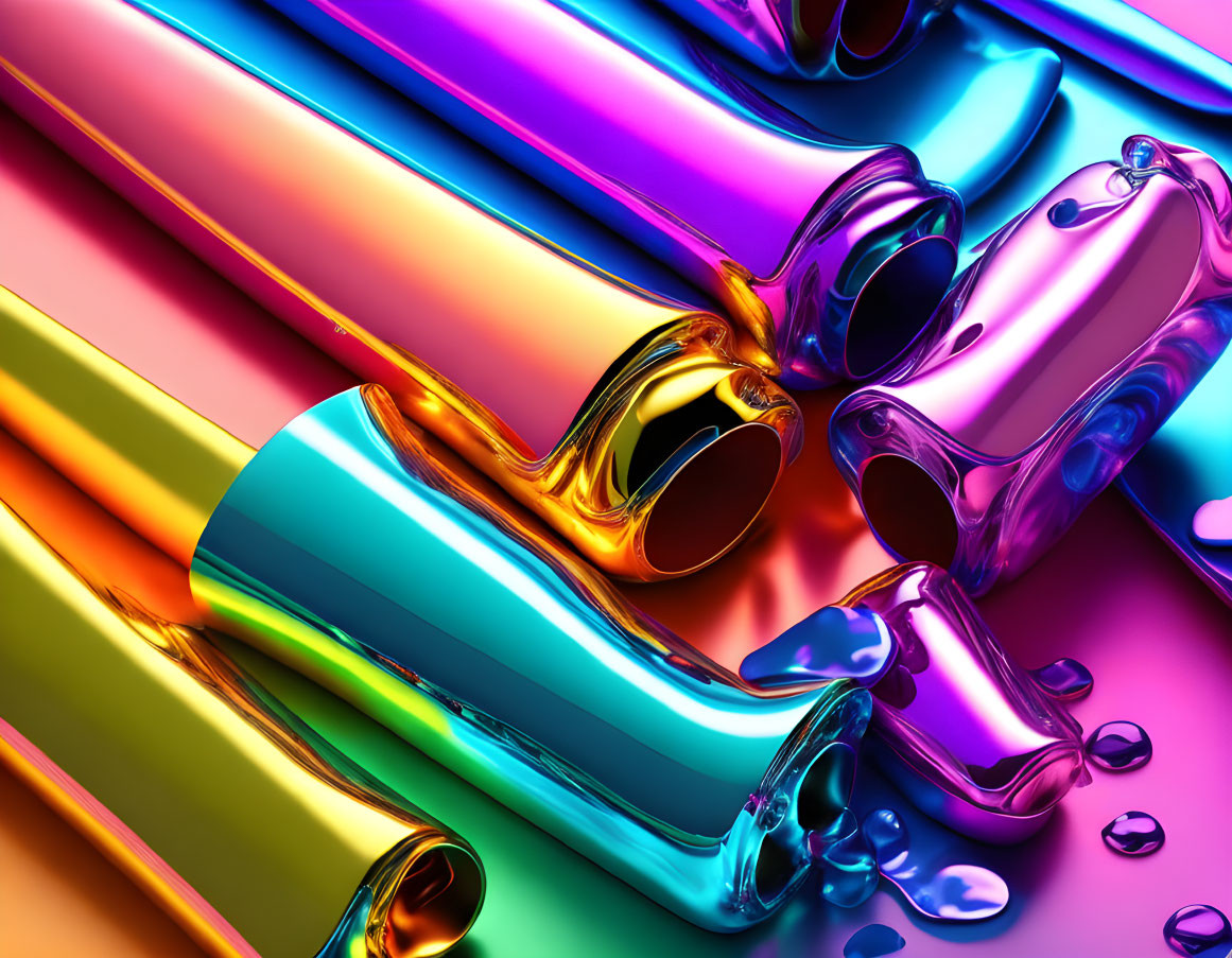 Colorful Metallic Tubes with Reflective Surface in Blue, Pink, and Yellow Hues