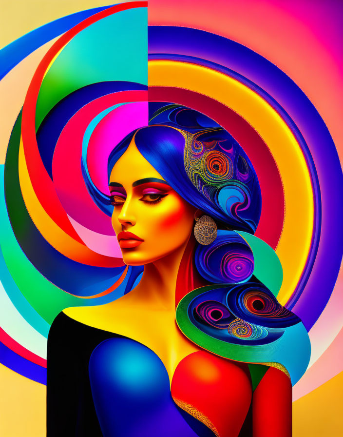 Colorful digital artwork of woman with swirling patterns in hair and background