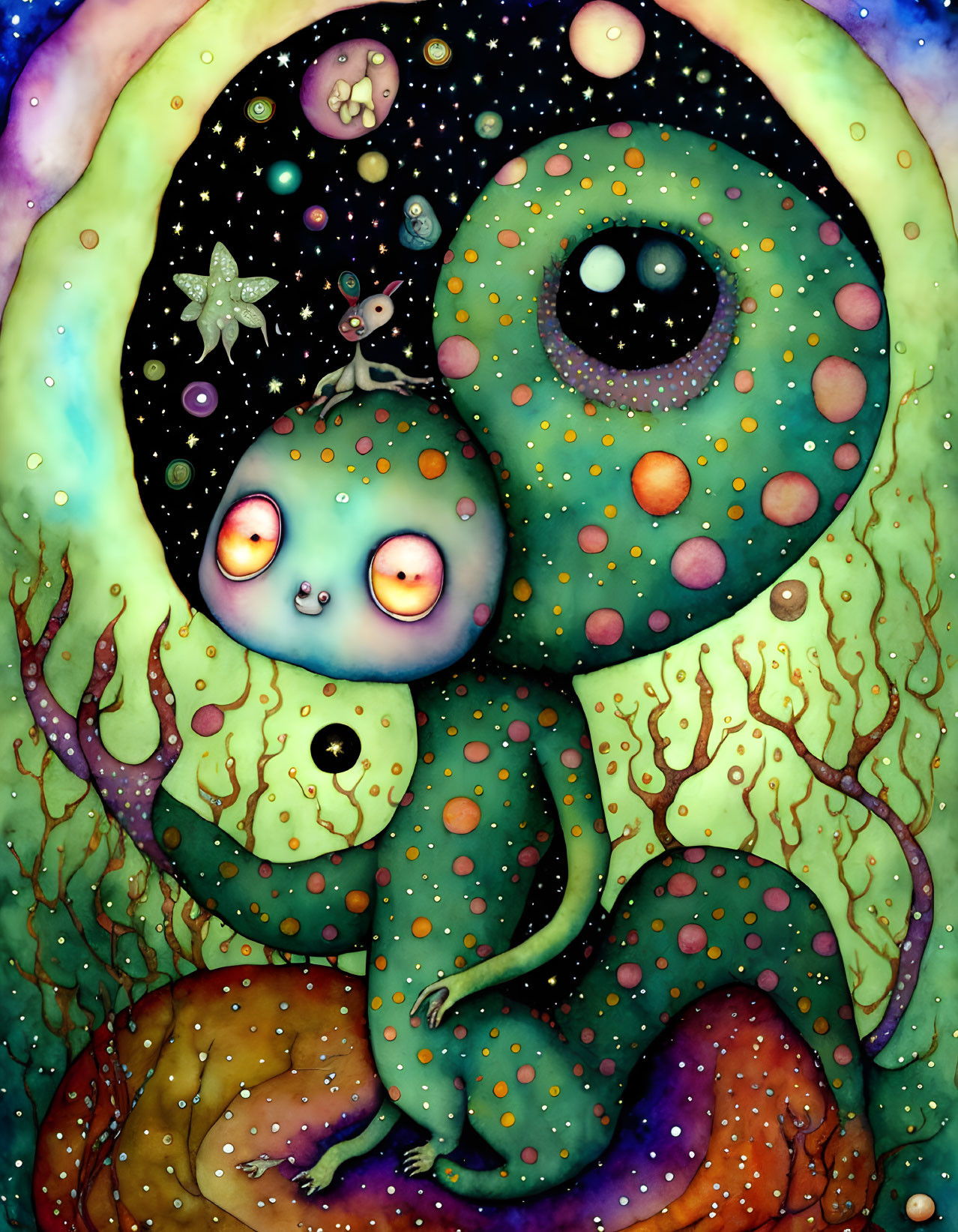 Vibrant whimsical illustration of otherworldly creature in cosmic setting