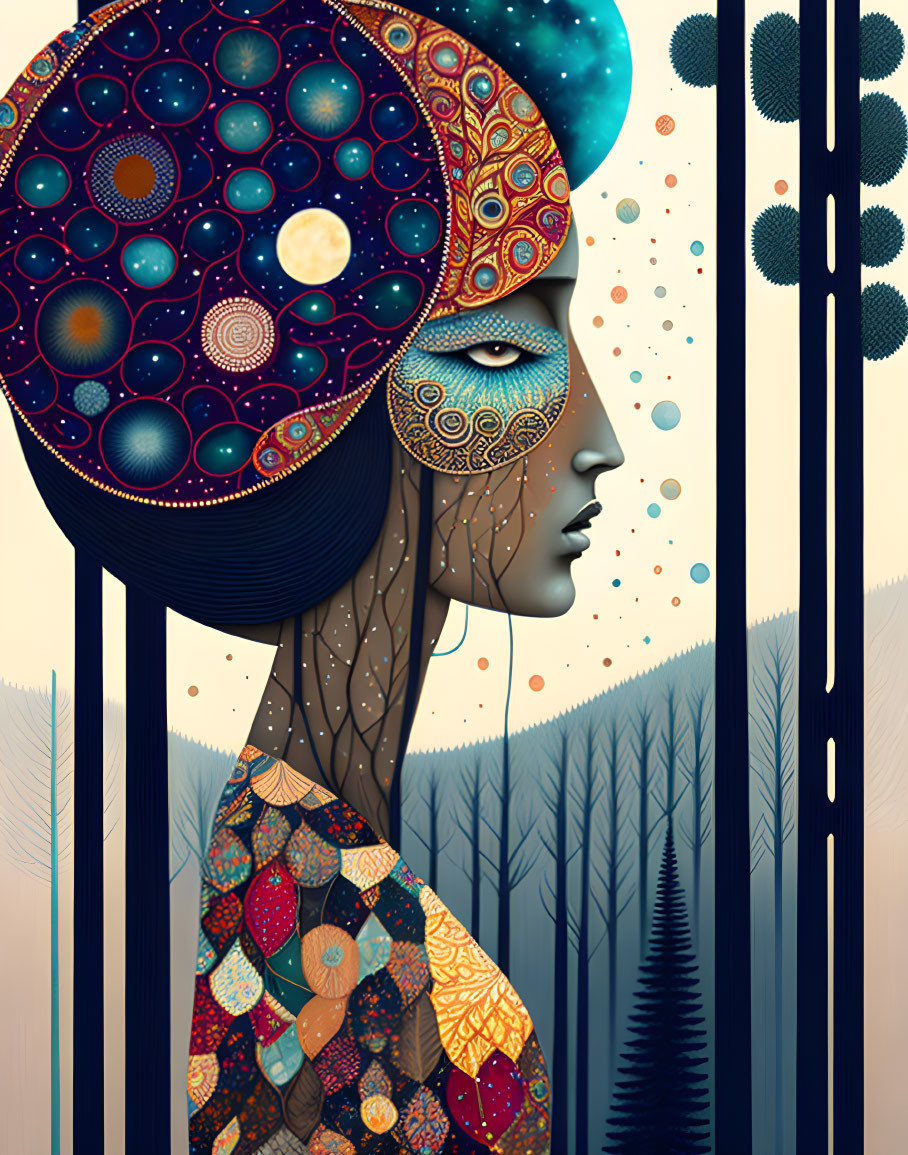 Woman's profile with ornate headdress in abstract forest and space backdrop