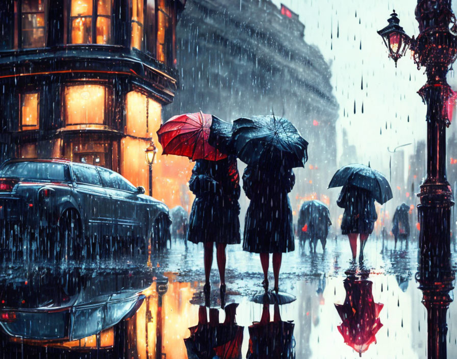 Night city scene: Three people with umbrellas on rain-soaked street with car and warm streetlights