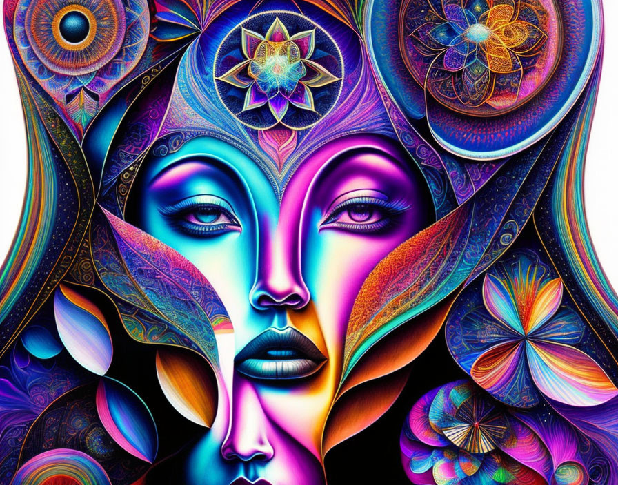 Colorful Psychedelic Portrait of Woman with Nature and Geometry