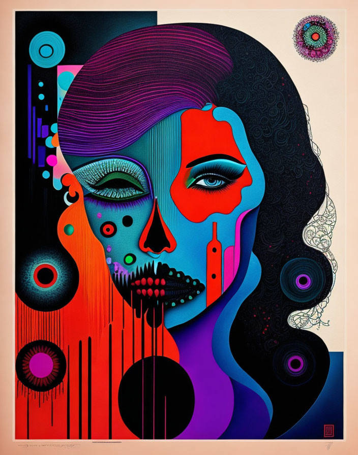 Colorful abstract portrait with two-toned facial features and geometric patterns