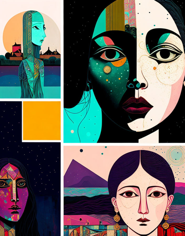 Stylized portraits of women with unique color palettes and patterns