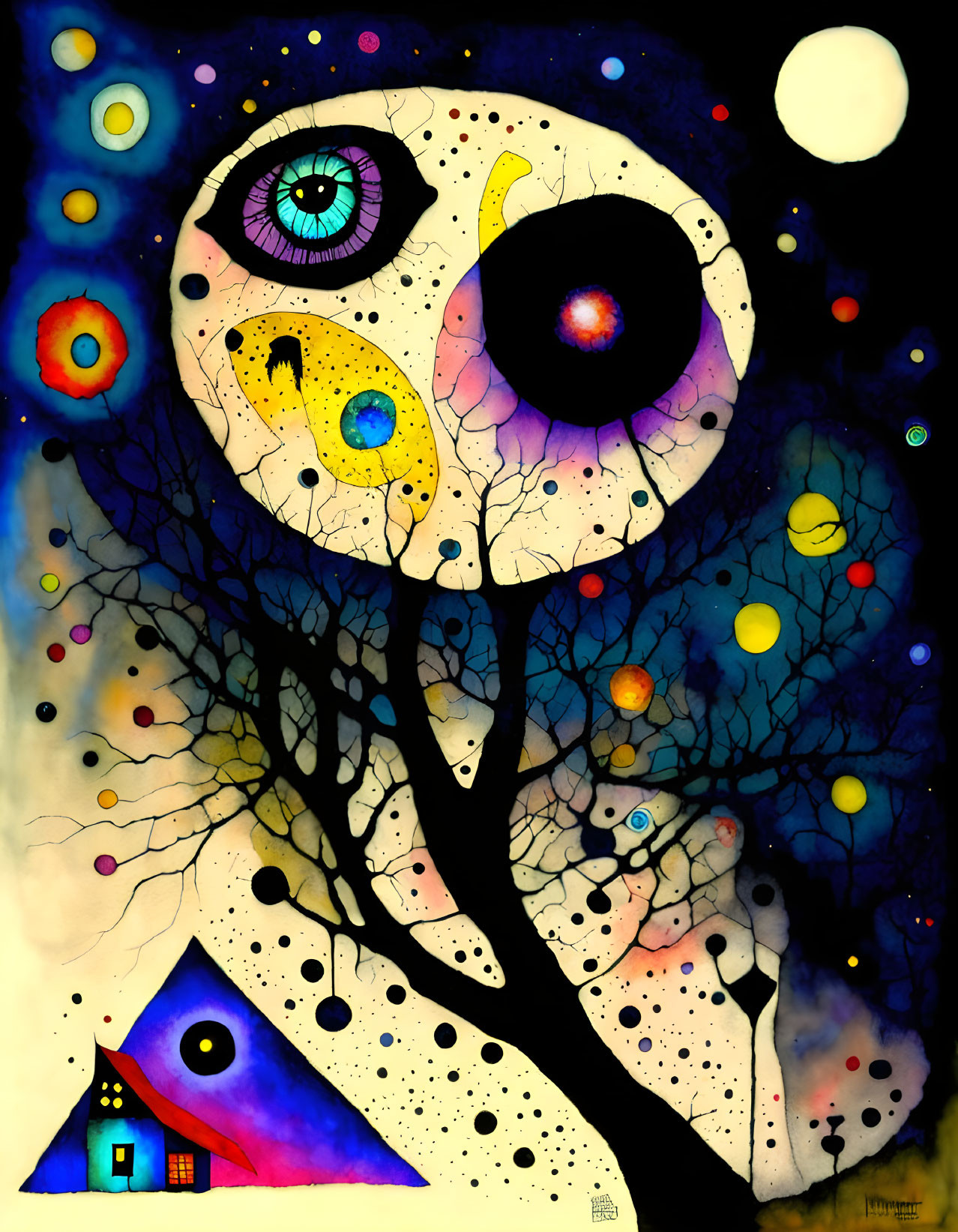 Colorful artwork with tree, celestial bodies, eye, and house in fantasy theme