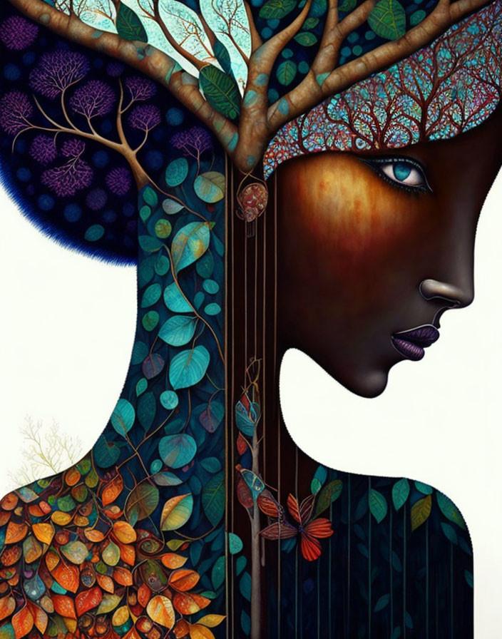 Illustration of woman's profile merging with tree: vibrant leaves, branch hair, peacock motif.