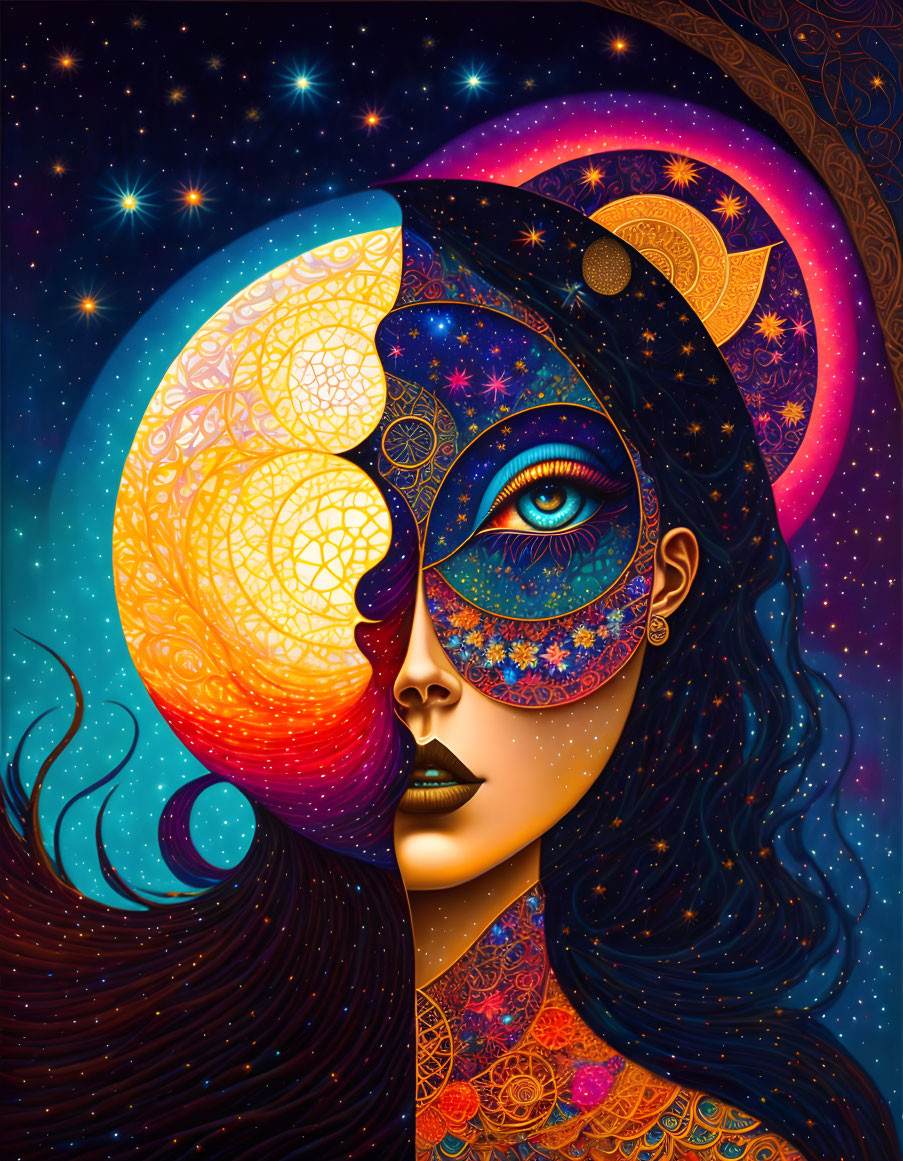 Surreal cosmic-themed woman illustration with fiery dichotomy