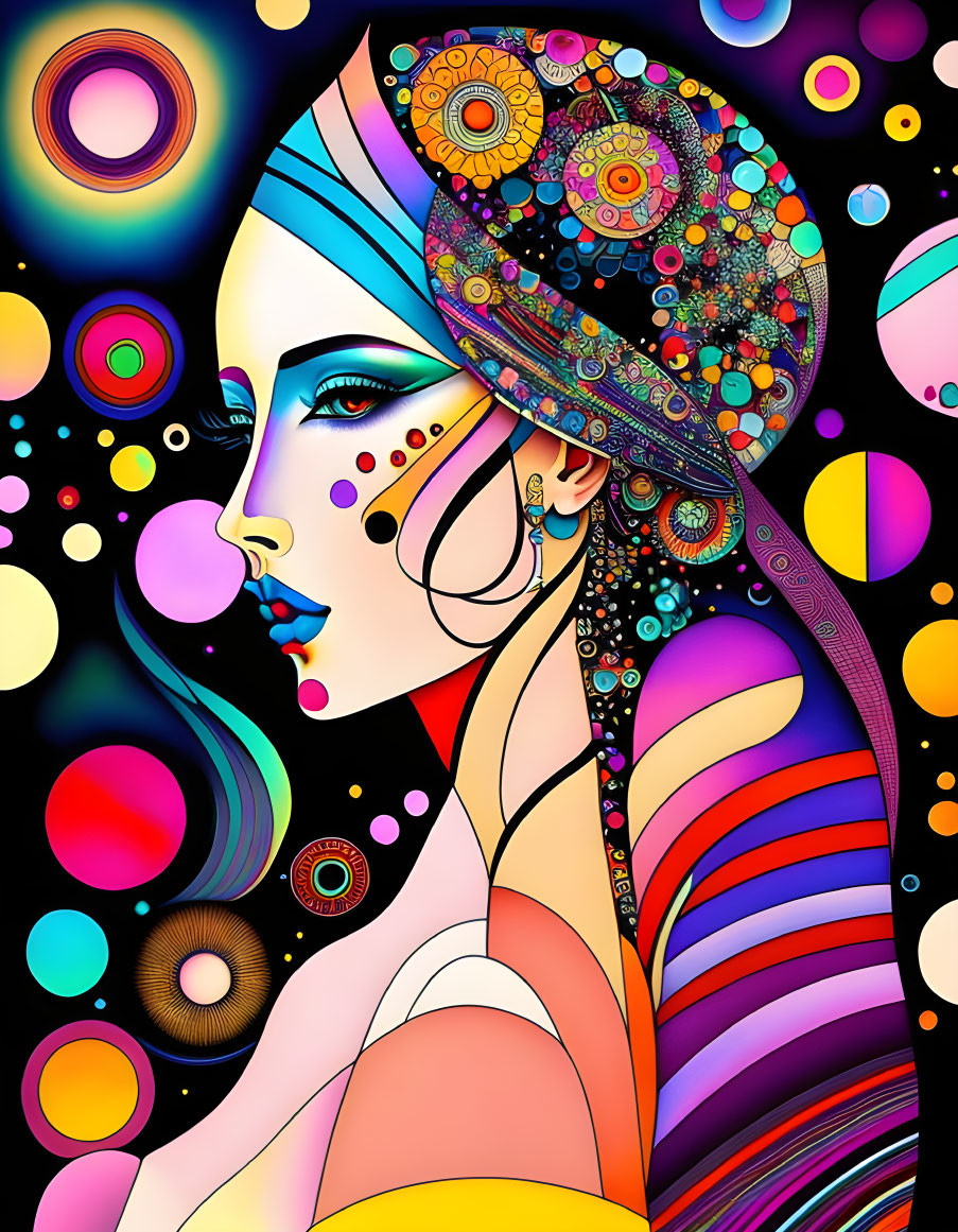 Vibrant digital artwork featuring stylized woman and psychedelic patterns