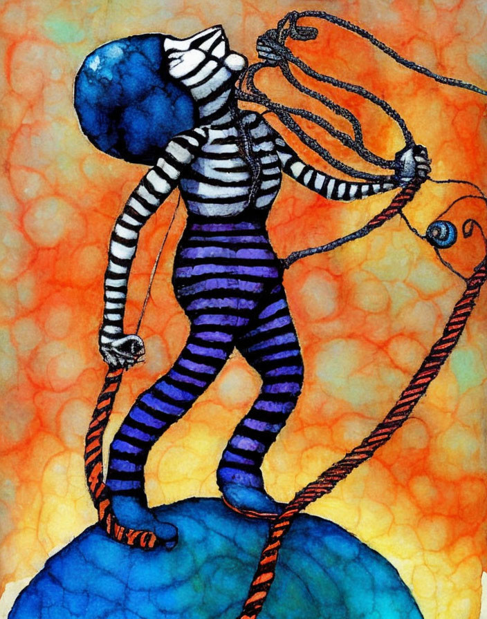 Colorful Watercolor Painting of Figure in Striped Outfit on Planet