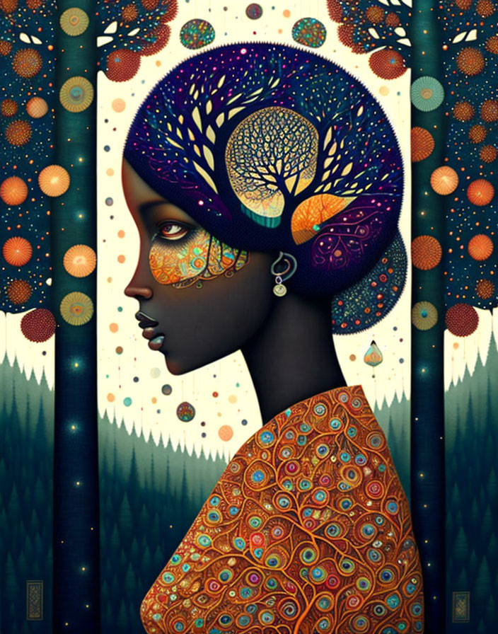 Stylized portrait blending woman's profile with nature motifs