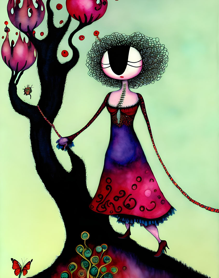 Colorful illustration of stylized female figure with elaborate hairstyle and vibrant dress beside whimsical tree with red