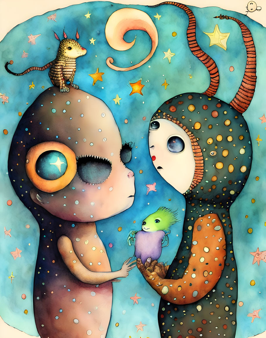 Whimsical characters with large eyes exchange green creature under starry sky