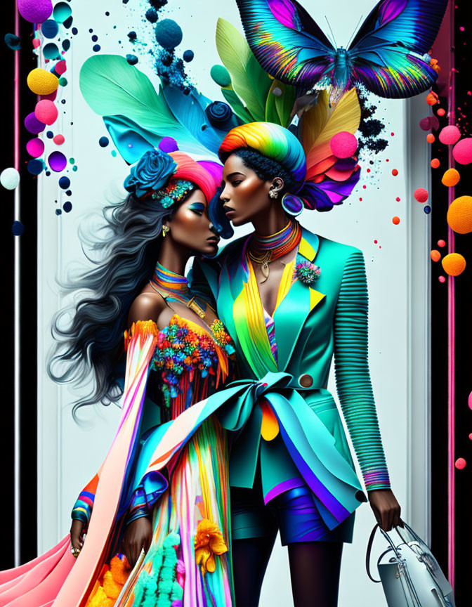 Stylized figures in vibrant clothing with bold patterns and butterfly motif on dynamic backdrop.