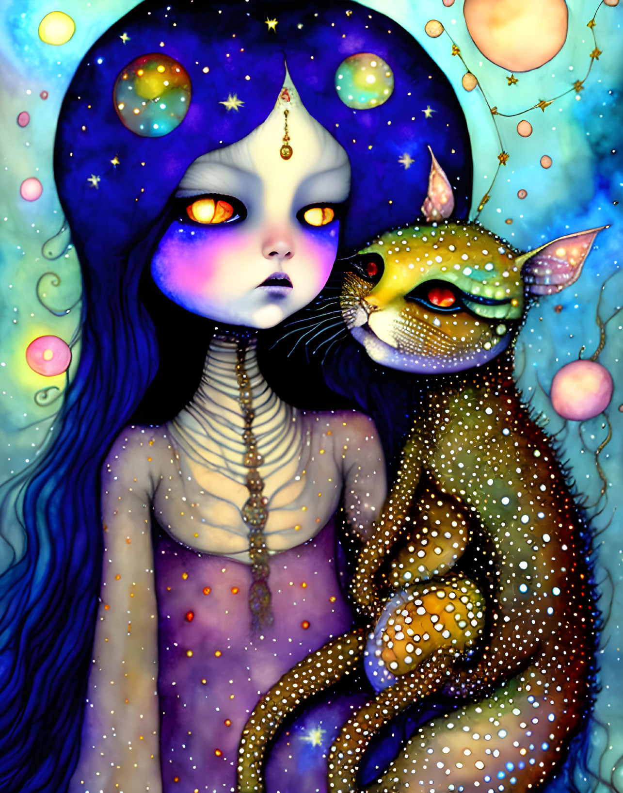 Illustration of girl with blue skin and galaxy hair holding cat on cosmic background