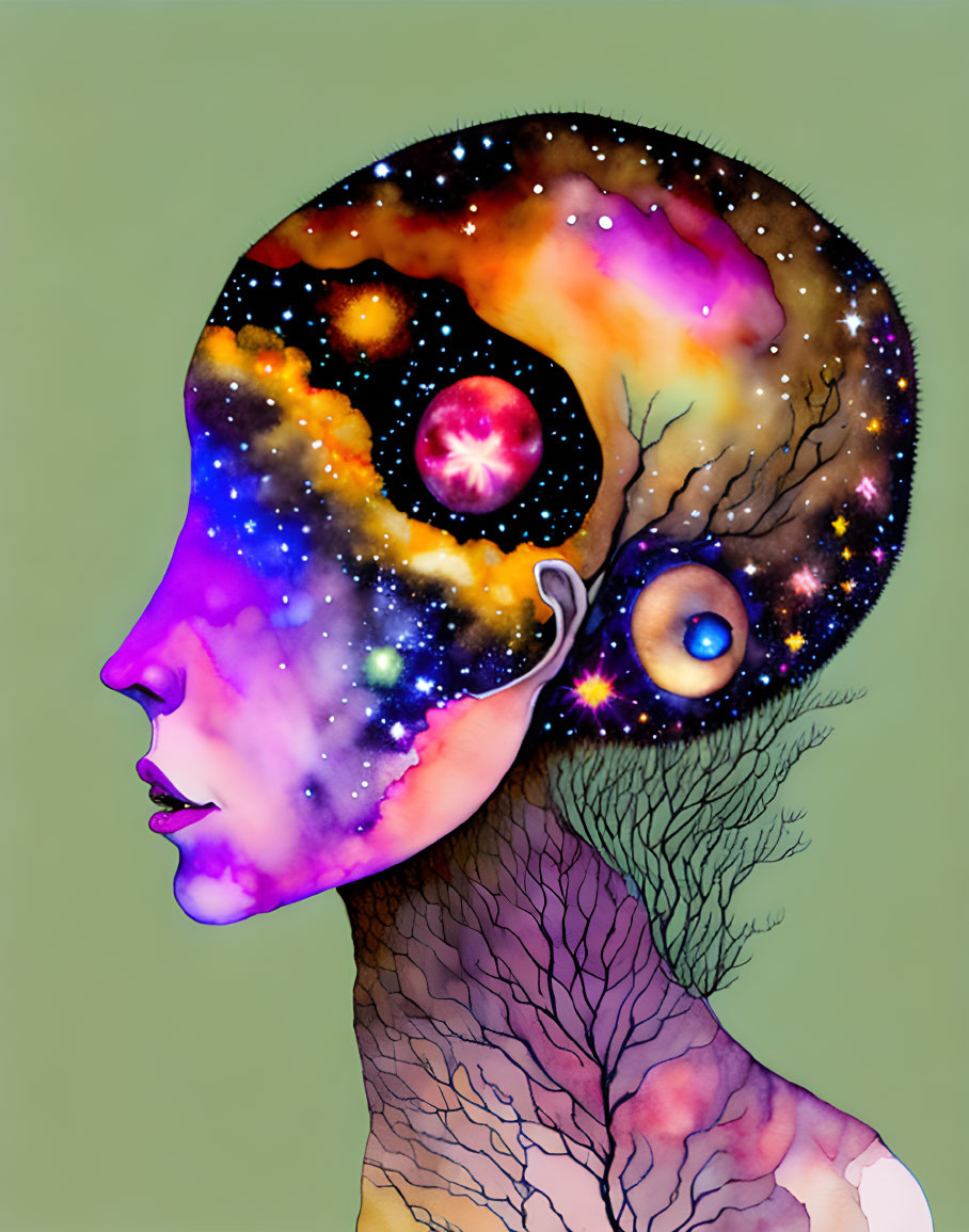 Illustration of humanoid head with cosmic brain and tree-like neck