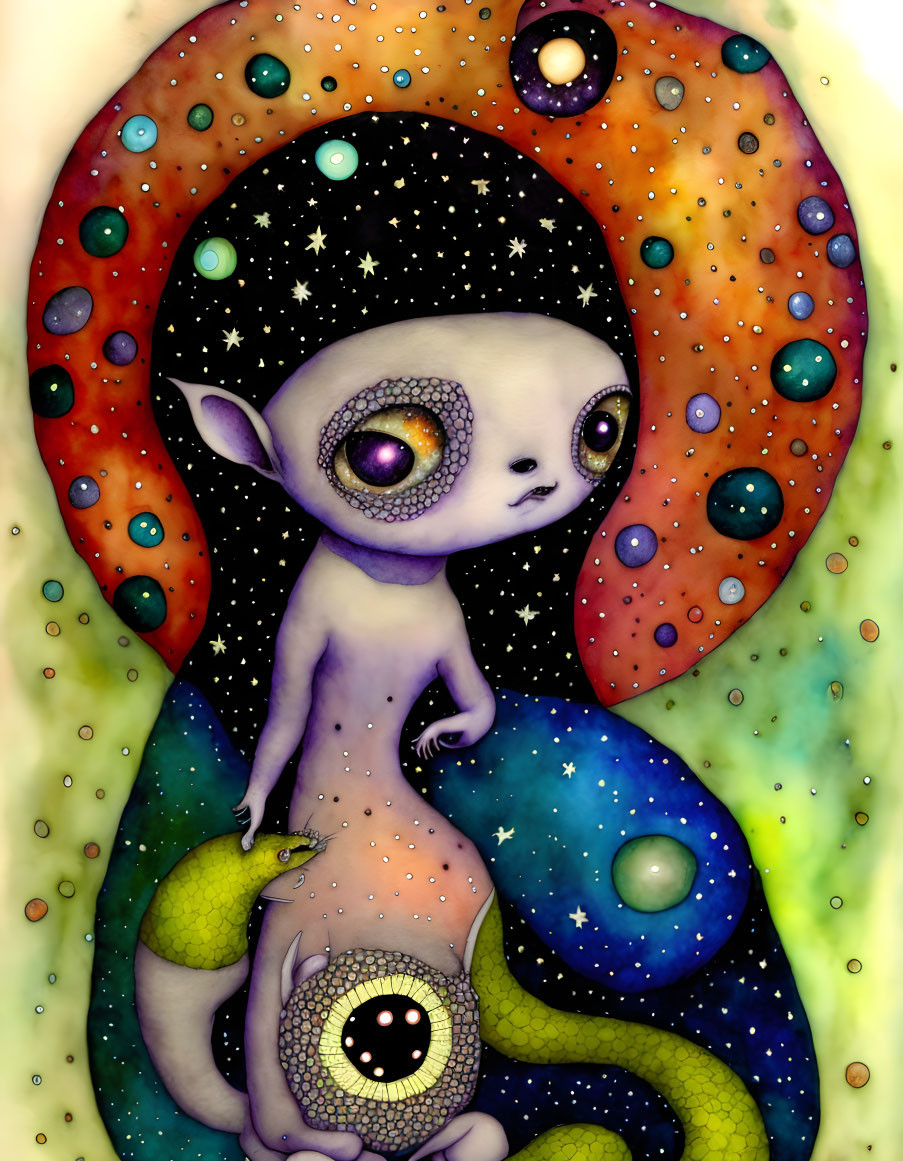 Colorful alien creature in cosmic setting with stars and planets.