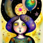 Whimsical girl with galaxy hair and celestial theme illustration