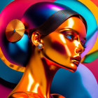 Colorful digital artwork: Woman with metallic skin tones and abstract shapes background.