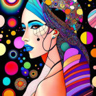 Vibrant digital artwork featuring stylized woman and psychedelic patterns