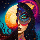 Surreal cosmic-themed woman illustration with fiery dichotomy