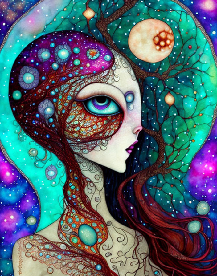 Surreal cosmic female entity with large eye and tree-like patterns