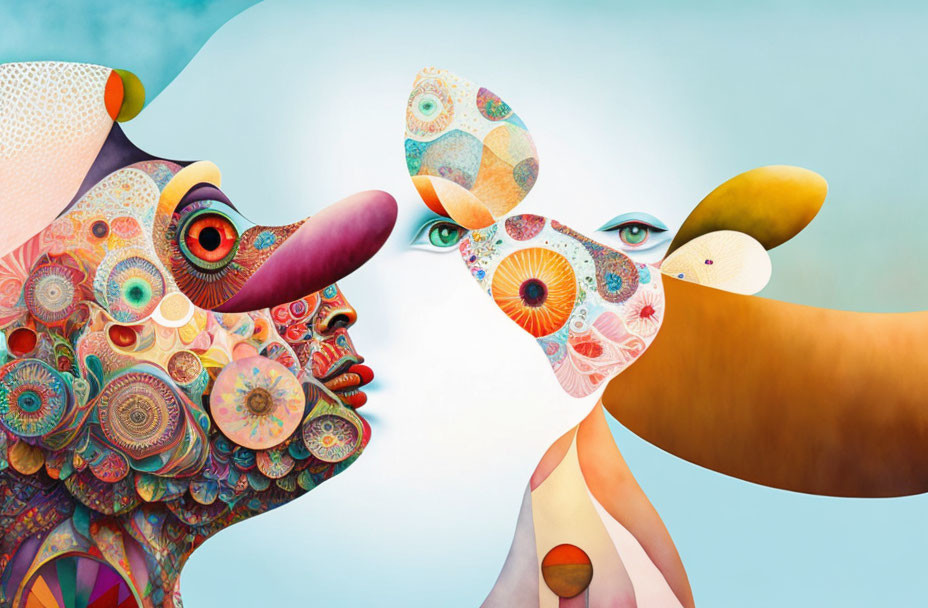 Abstract, patterned creatures with prominent eyes touching noses on soft blue background