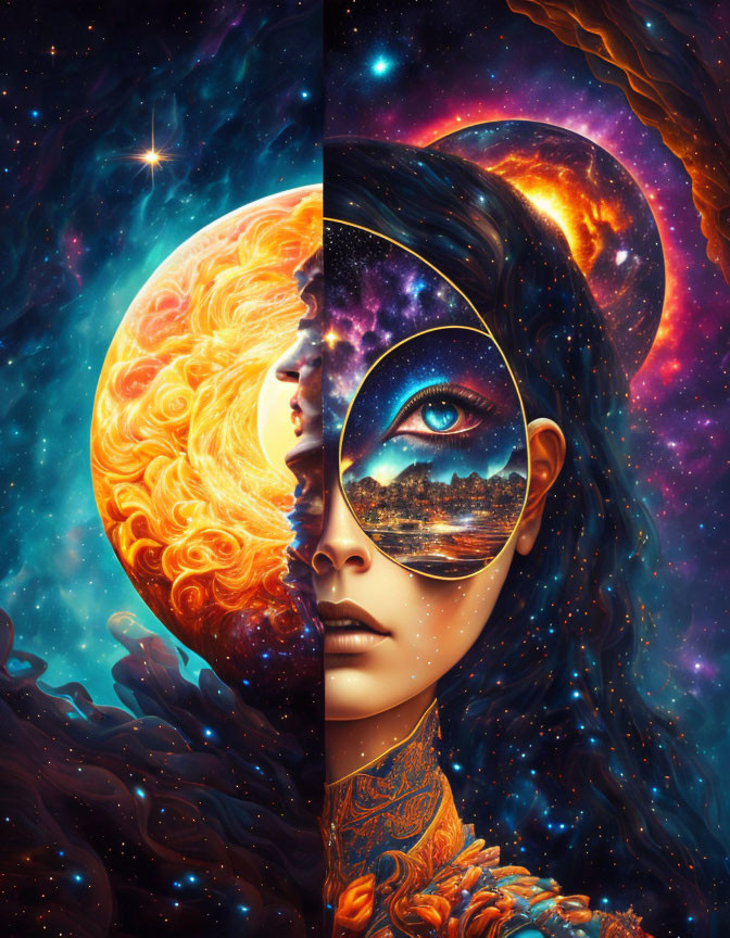 Surreal portrait of woman merging with cosmic elements and fiery moon