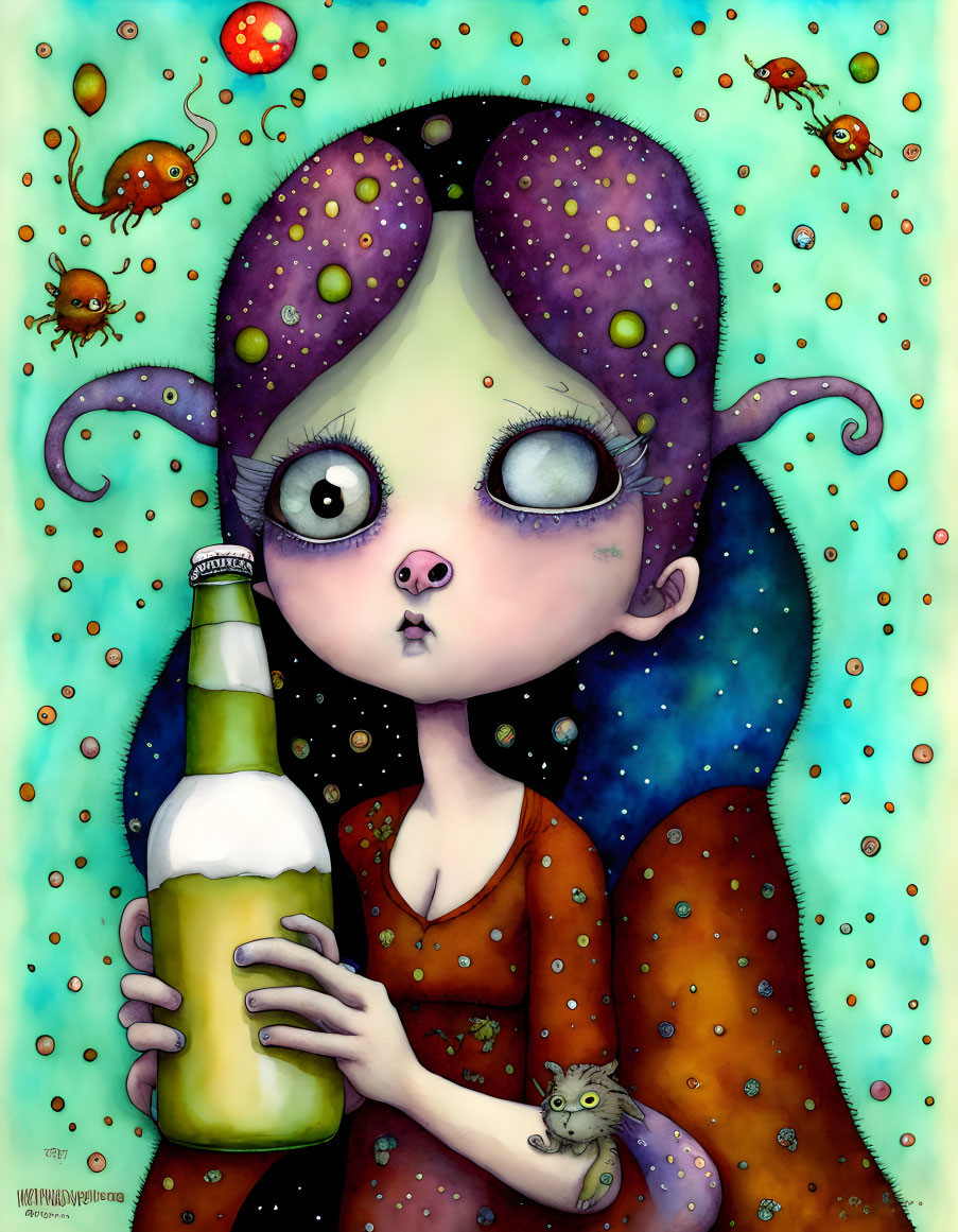 Whimsical girl with large eyes and purple hair holding a bottle surrounded by creatures