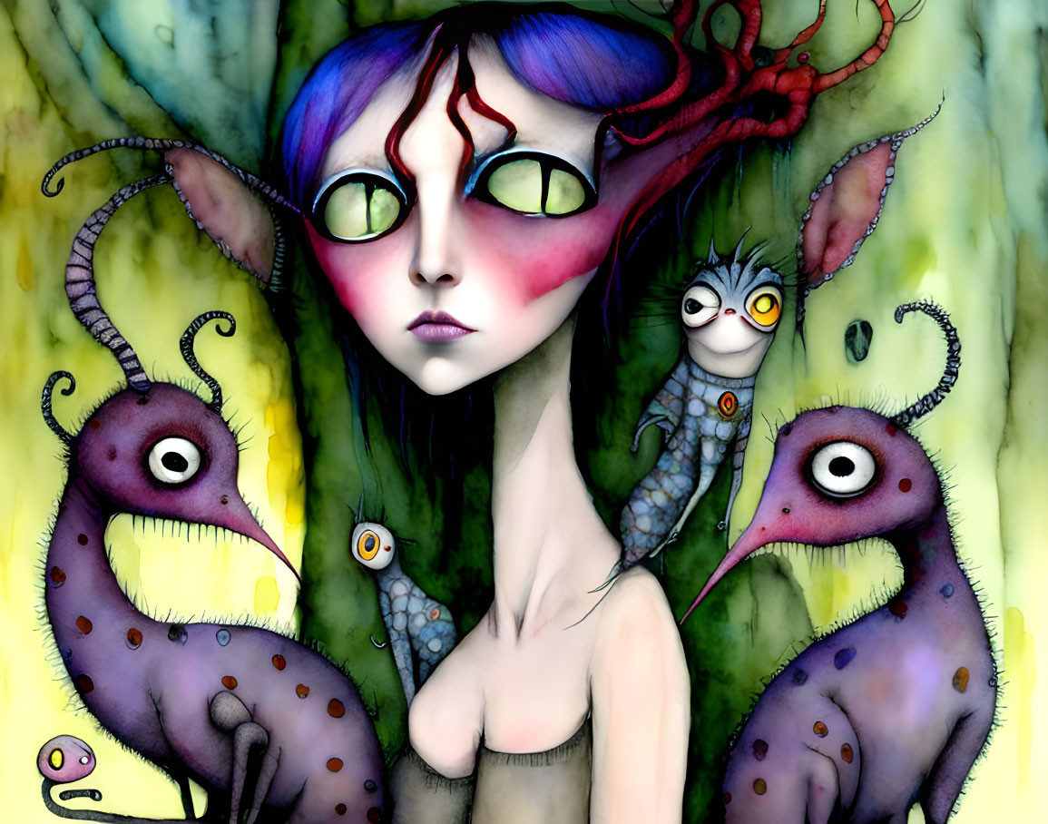 Whimsical fantasy illustration with pale character, green eyes, red hair, and tentacled creatures